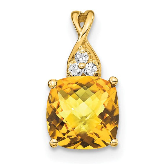 10K/14K Yellow/White Gold Natural Citrine & Diamond Checkerboard Cut Pendant