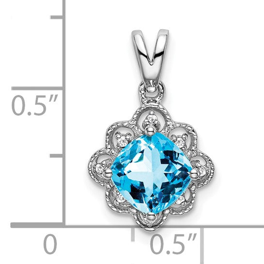 14K White Gold Victoria Style Blue Topaz & Diamond Pendant