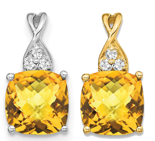 10K/14K Yellow/White Gold Natural Citrine & Diamond Checkerboard Cut Pendant