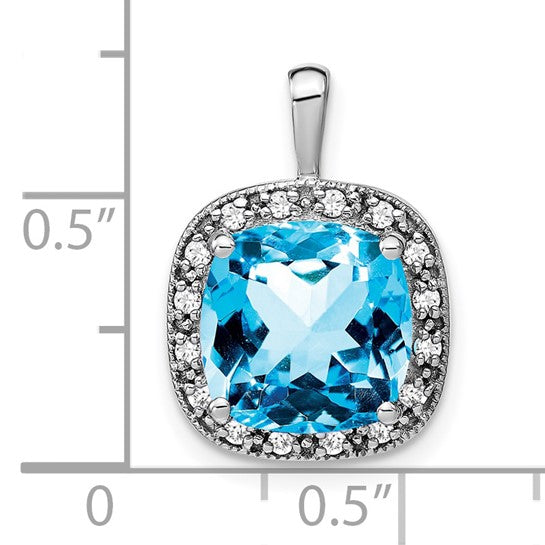 14K White Gold 5.5 Carat Square Cut Blue Topaz & Diamond Halo Pendant