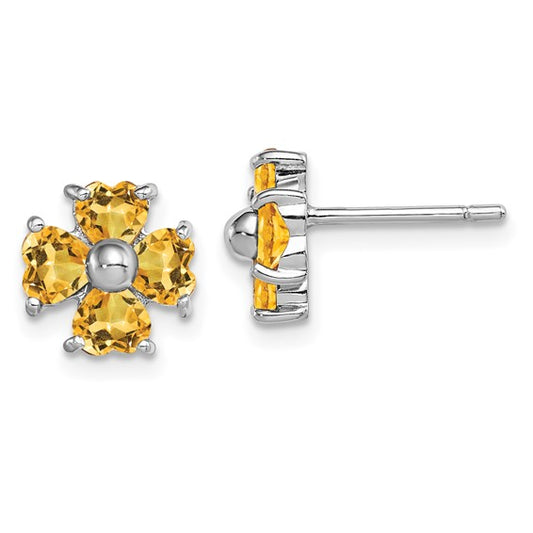 Sterling Silver White Gold Plated Natural Citrine Flower Birthstone Earrings