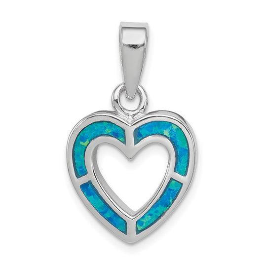 Sterling Silver White Gold Plated Open Heart Inlay Lab Created Blue Opal Pendant