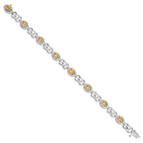 White Gold Plated Sterling Silver Natural Citrine & Diamond Link Gemstone Bracelet