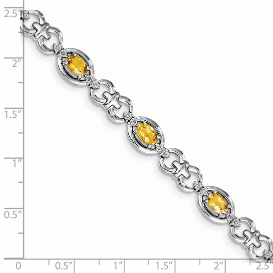 White Gold Plated Sterling Silver Natural Citrine & Diamond Link Gemstone Bracelet