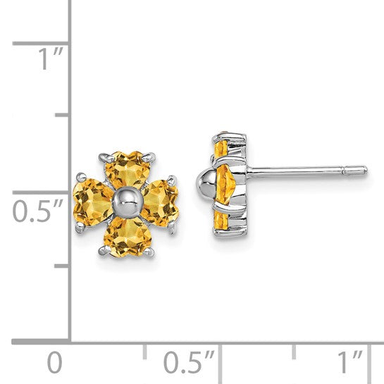 Sterling Silver White Gold Plated Natural Citrine Flower Birthstone Earrings
