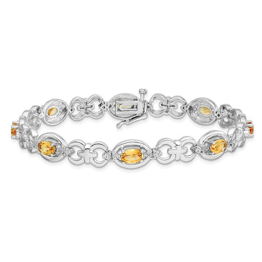White Gold Plated Sterling Silver Natural Citrine & Diamond Link Gemstone Bracelet