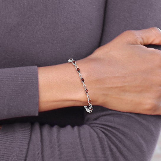 Sterling Silver White Gold Natural 4 Carat Garnet Link Bracelet