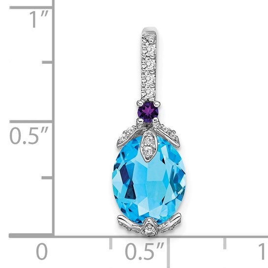 14K White Gold Blue Topaz Accented With Amethyst & Diamond Pendant