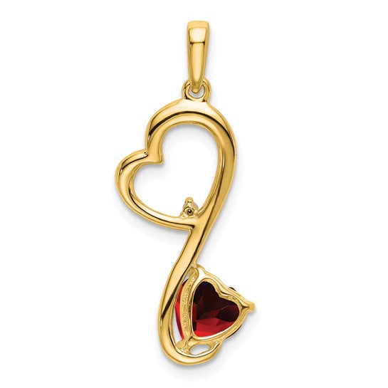 14K Yellow Gold Double Heart Dangle Pendant With Natural Garnet