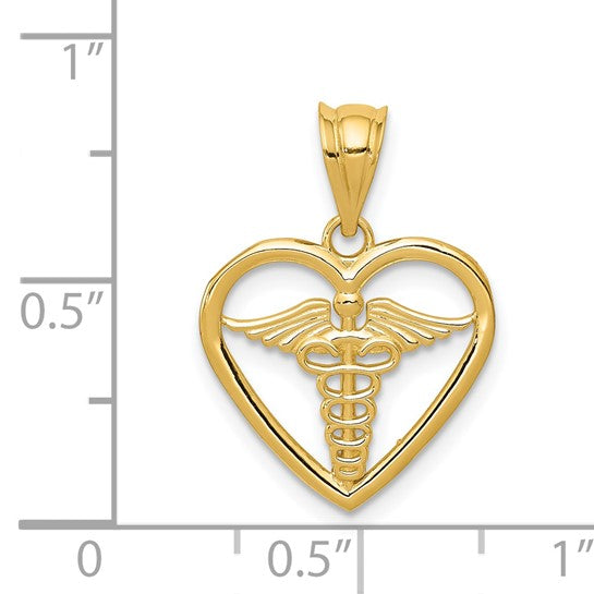 14K Yellow Gold Caduceus Heart Pendant