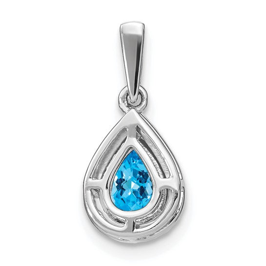 14K White Gold .75 carat Pear Cut Blue Topaz With Diamond Halo Pendant