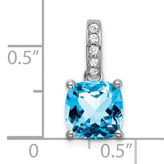 14K White Gold 3 Carat Square Blue Topaz With Diamond Leader Pendant