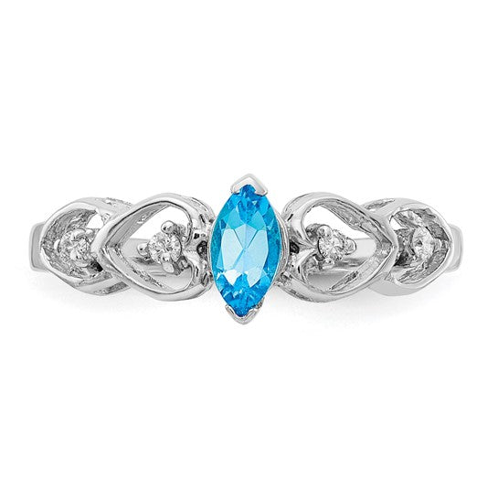 14K White Gold Heart Cut Out Marquis Cut Blue Topaz & Diamond Ring