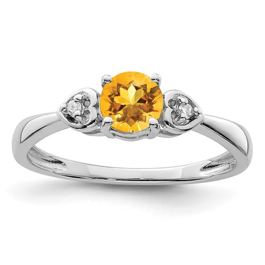 Sterling Silver White Gold Plated Natural Citrine & Diamond Solitaire & Heart Ring