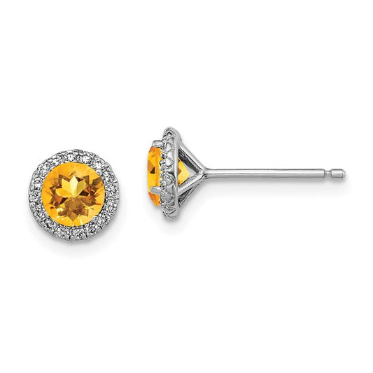 Sterling Silver White Gold Plated Natural Citrine With CZ Halo Earrings