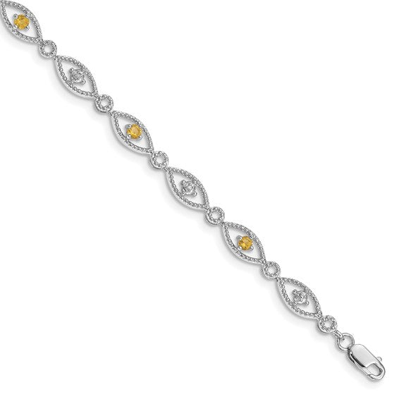 White Gold Plated Sterling Silver Natural Citrine & Diamond Bracelet