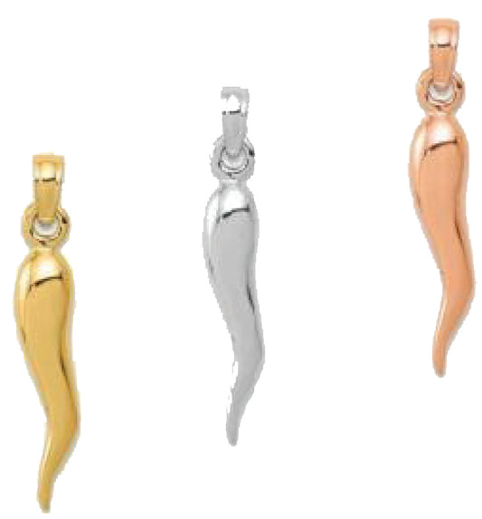 10K/14K Yellow White Rose Gold Italian Horn Medium Size Pendant 3D Solid