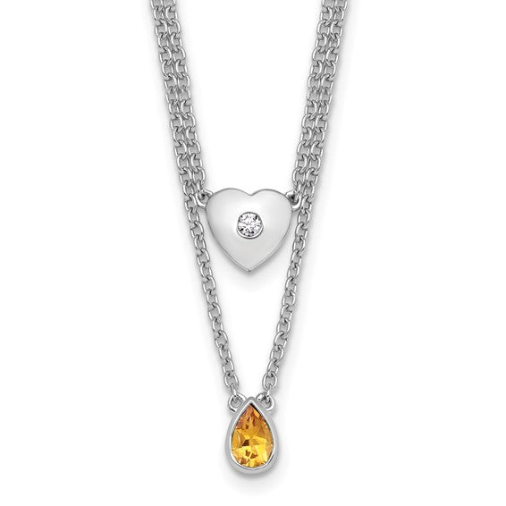 White Ice Sterling Silver White Gold Plated Double Chain Natural Citrine & Diamond Heart Necklace Set