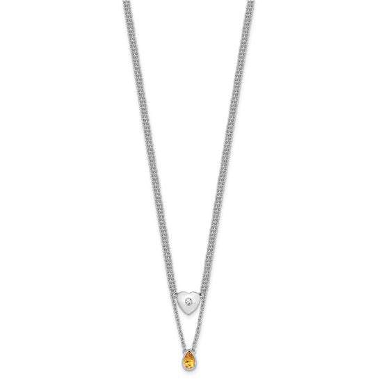 White Ice Sterling Silver White Gold Plated Double Chain Natural Citrine & Diamond Heart Necklace Set
