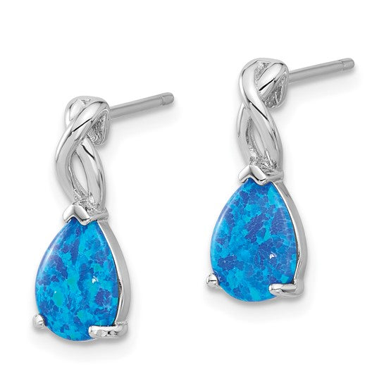 Sterling Silver White Gold Plated Tear Drop Earrings Lab Created Blue Opal