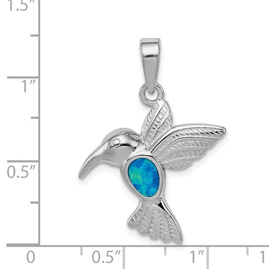 Sterling Silver White Gold Plated Lab Created Blue Opal Hummingbird Inlay Pendant