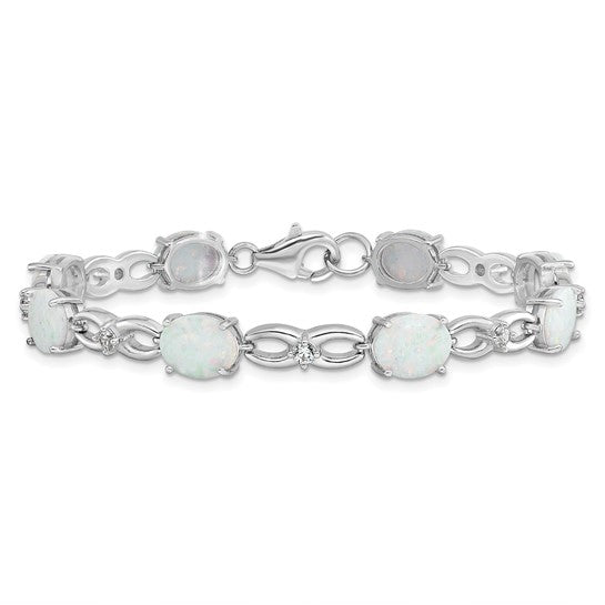 Sterling Silver White Gold Plated Ribbon Lab Created Opal Bracelet