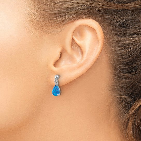 Sterling Silver White Gold Plated Tear Drop Earrings Lab Created Blue Opal