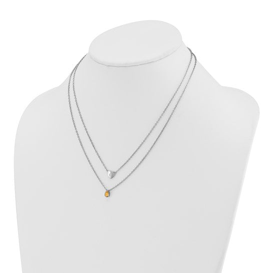 White Ice Sterling Silver White Gold Plated Double Chain Natural Citrine & Diamond Heart Necklace Set