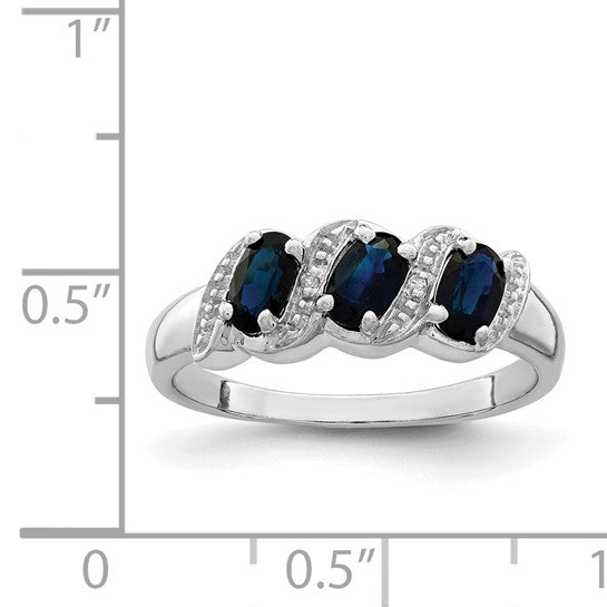 Sterling Silver Natural Sapphire & Diamond 3 Stone Halo Ring