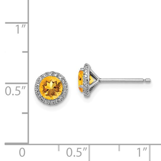 Sterling Silver White Gold Plated Natural Citrine With CZ Halo Earrings