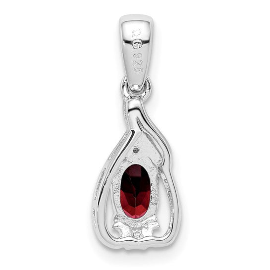 Sterling Silver White Gold Filled Oval Natural Garnet & Diamond Pendant