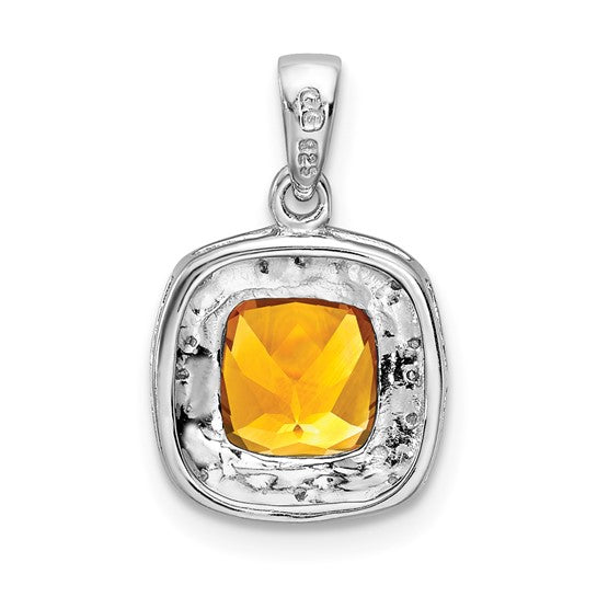 Sterling Silver White Gold Plated Natural Citrine & Diamond Halo Square Pendant