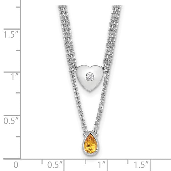 White Ice Sterling Silver White Gold Plated Double Chain Natural Citrine & Diamond Heart Necklace Set