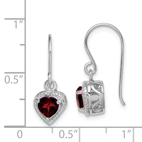 Sterling Silver Rhodium Plated Bezel Heart Natural Garnet Hook Earrings