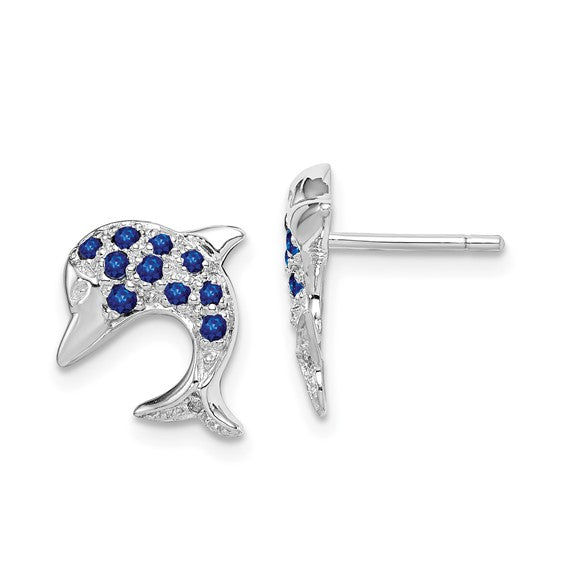 'Sterling Silver Natural Sapphire & Diamond Dolphin Sea Life Earrings