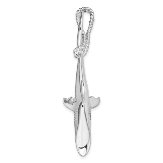 Sterling Silver Rhodium Plated Shark Hanging From Rope Pendant