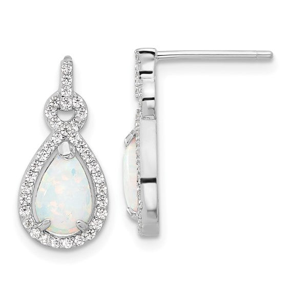 Sterling Silver White Gold Plated Halo cz Tear Drop Lab Created White Opal