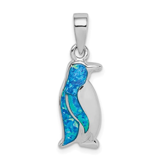 Sterling Silver White Gold Plated Penguin Inlay With Lab Created Blue Opal Pendant