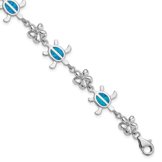 White Gold Over Sterling Silver Turtle Sea Life Inlay Bracelet With Lab Created Blue Opal