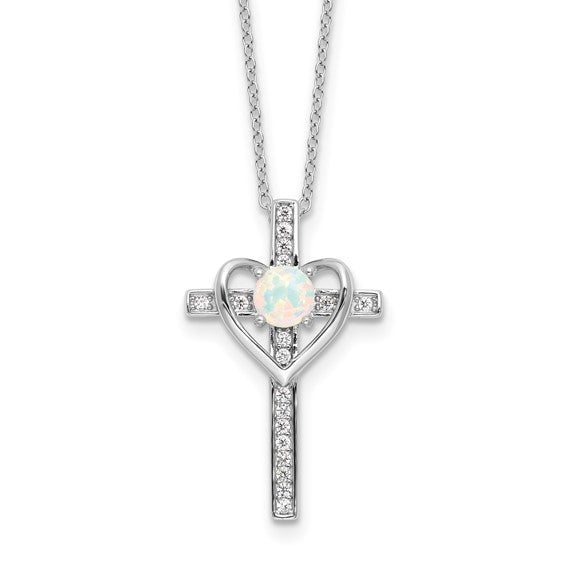 White Gold Filled Sterling Silver 18" Necklace Cross Lab Created Opal Set