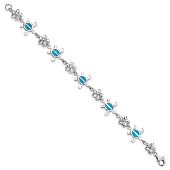White Gold Over Sterling Silver Turtle Sea Life Inlay Bracelet With Lab Created Blue Opal