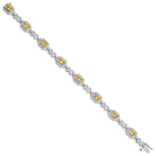White Gold Plated Sterling Silver Natural Citrine & Diamond Square Stone Halo Bracelet