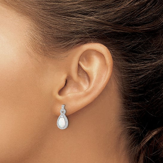 Sterling Silver White Gold Plated Halo cz Tear Drop Lab Created White Opal