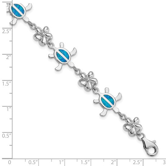 White Gold Over Sterling Silver Turtle Sea Life Inlay Bracelet With Lab Created Blue Opal