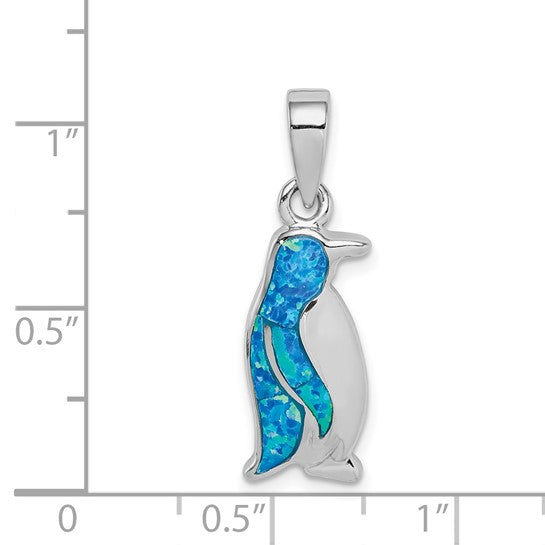 Sterling Silver White Gold Plated Penguin Inlay With Lab Created Blue Opal Pendant