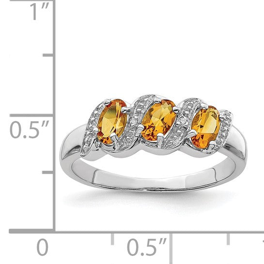 Sterling Silver White Gold Plated Natural Citrine & Diamond 3 Stone Ring