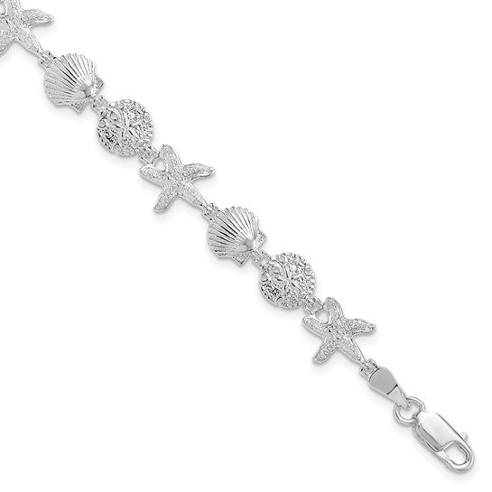 Sterling Silver White Gold Plated Sea Life Sand Dollar/Shell/Starfish Bracelet