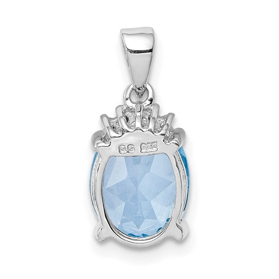 White Gold Filled Sterling Silver Oval Blue Topaz & Diamond Crown Pendant