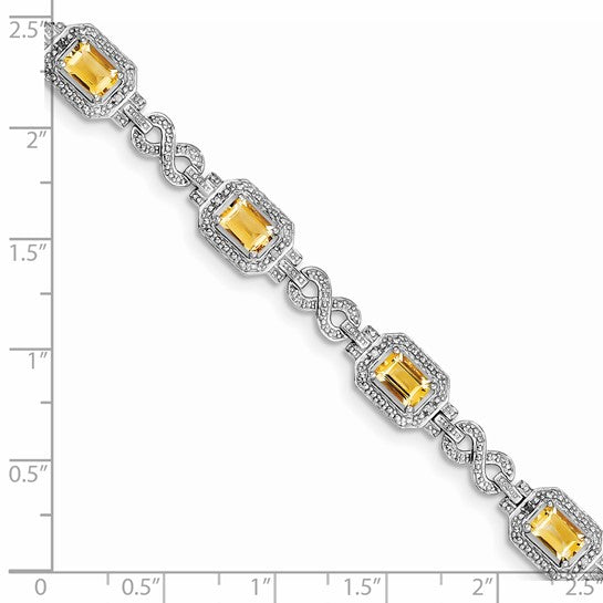 White Gold Plated Sterling Silver Natural Citrine & Diamond Square Stone Halo Bracelet