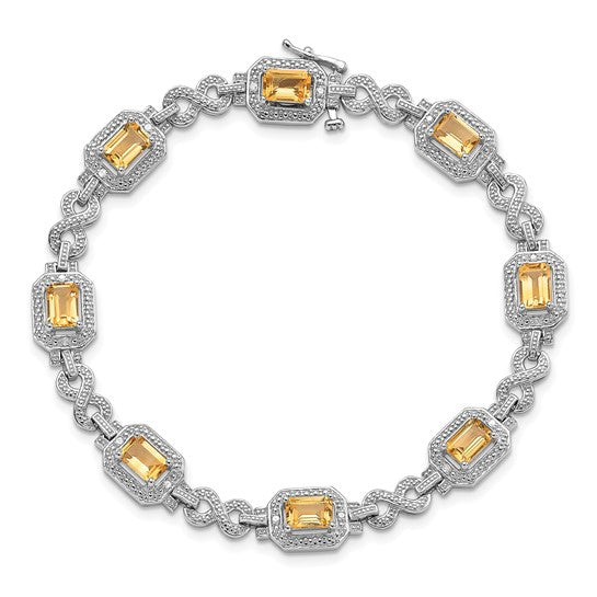 White Gold Plated Sterling Silver Natural Citrine & Diamond Square Stone Halo Bracelet